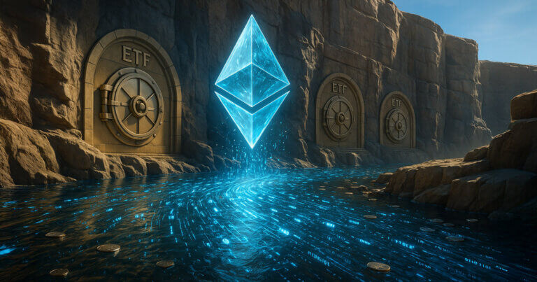 A glowing Ethereum symbol flows toward vaults labeled “ETF,” symbolizing record inflows and trading volumes for BlackRock’s Ethereum ETF – Cover art/illustration via CryptoSlate. Image includes combined content which may include AI-generated content