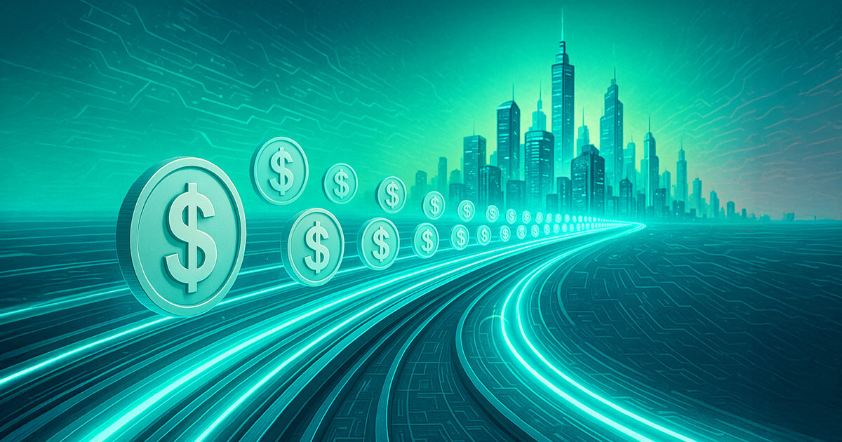 Glowing digital rails channel stablecoin tokens toward a futuristic city, symbolizing the accelerating growth of global stablecoin adoption - Cover art/illustration via CryptoSlate. Image includes combined content which may include AI-generated content