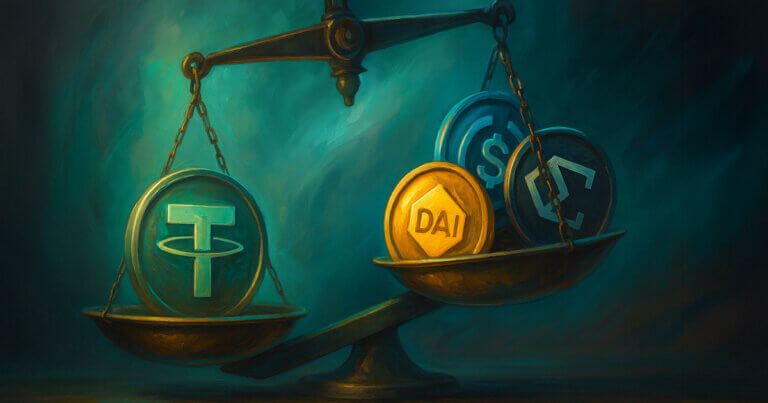 A symbolic balance tips as Tether faces growing pressure from USDC, DAI, and Ethena - Cover art/illustration via CryptoSlate. Image includes combined content which may include AI-generated content