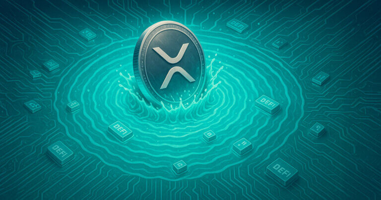 A large XRP coin emerges from digital waves surrounded by DeFi blocks, symbolizing XRP’s entry into decentralized finance - Cover art/illustration via CryptoSlate. Image includes combined content which may include AI-generated content
