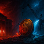 Cinematic 16:9 illustration of Buenos Aires’ central bank floodlit in red and blue as a cracked peso coin sinks amid stormy waters and swirling banknotes, symbolizing emergency intervention and currency collapse.