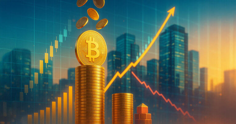 A towering, gleaming stack of Bitcoin coins swells under a stream of falling coins beside a smaller stack, with a bright golden uptrend line and a faint red downward sparkline layered over a glassy city skyline to suggest rapid accumulation despite a share slump.