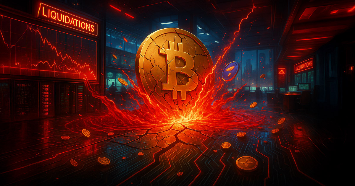A cracked Bitcoin smashes into a neon-lit trading floor as a red shockwave and plunging charts suggest a sudden $1.7B wipeout