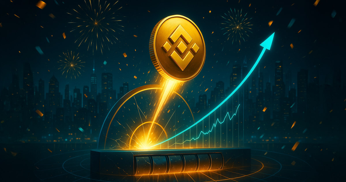 A radiant BNB coin blasts through a glass milestone arch as a neon price curve rockets upward above a well-lit cyber cityscape, celebrating a breakout to four figures.
