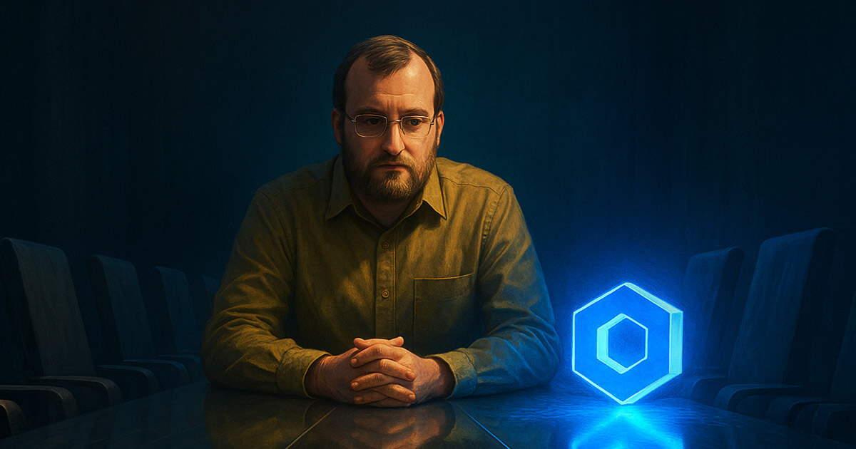 A man sits at a long table beside a glowing Chainlink logo, symbolizing Cardano’s founder criticizing Chainlink’s “absurd” integration cost - Cover art/illustration via CryptoSlate.
