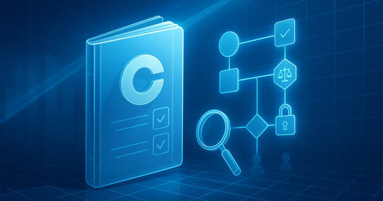 A glass-like guidebook with the Coinbase logo floats amid glowing flowchart nodes, checkmarks, a magnifying glass, and security icons in cool blue lighting, symbolizing transparency and trust.
