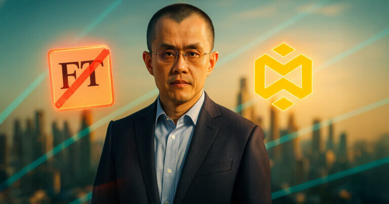 CZ raises a hand in denial beside a glowing FT logo crossed out and the bright YZi Labs emblem over a sunlit city skyline.
