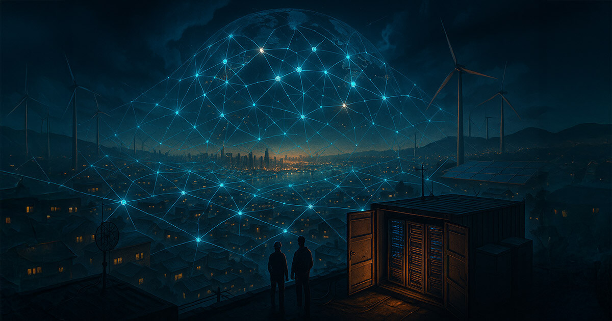 A moody twilight cityscape shows a glowing global mesh of connections arcing over rooftops with microgrids, wind turbines, and a container data center, capturing tense anticipation about decentralized infrastructure powering the world.