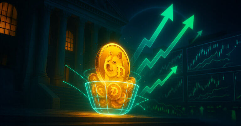 A radiant Dogecoin coin rises from a glowing wireframe basket on stock-exchange steps as neon market arrows and charts surge upward in the night sky.