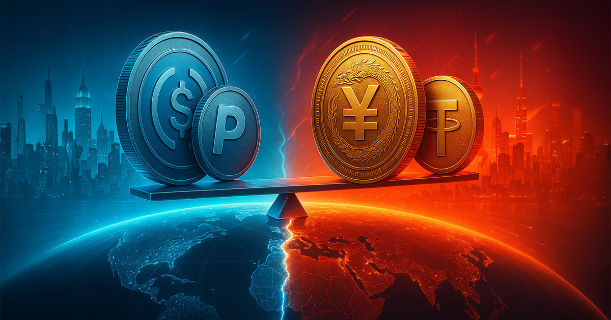 A bright, cinematic 16:9 scene shows a glowing Earth split by a luminous fault line with cool blue Western skylines and USDC/PayPal tokens balanced against warm red-gold Eastern skylines with Tether and a yuan-emblem coin on a metallic seesaw.