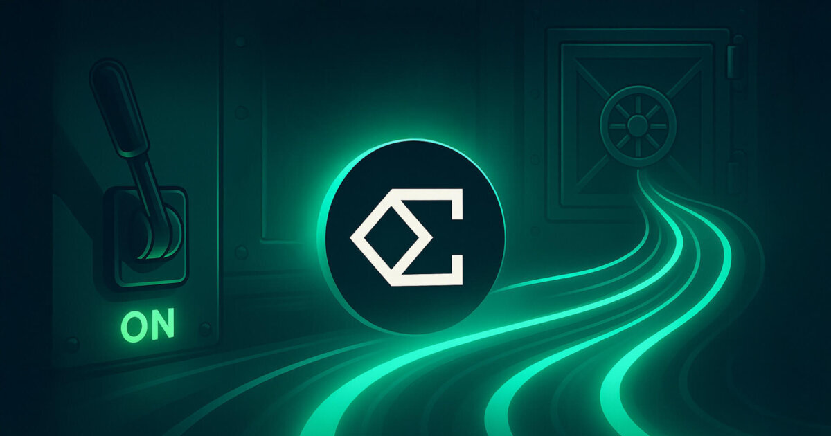 A neon-teal control room shows a giant Ethena logo as a lever flips on and checkmarks light up, sending glowing fee streams into a secure vault.