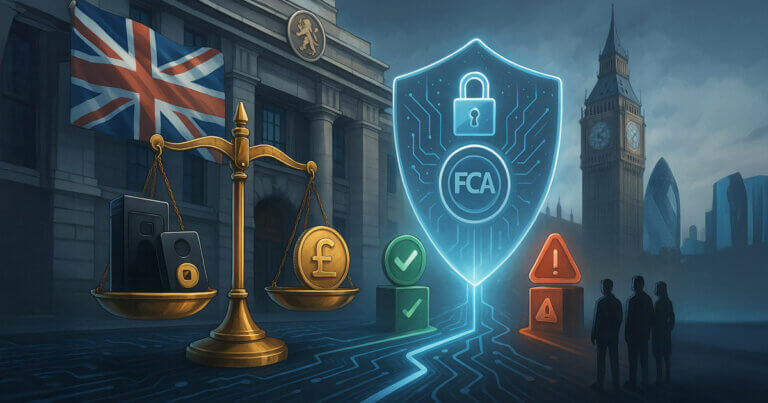 A glowing FCA shield stands between checkmarks and risk warnings beside a balance of pound coins and crypto devices against a London backdrop, symbolizing new guidance for UK holders