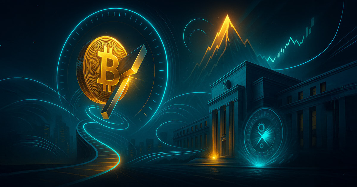 Bitcoin’s golden coin splits under a halving blade as a countdown ring and a glowing Federal Reserve building hint at a rate cut converging toward a looming price peak.