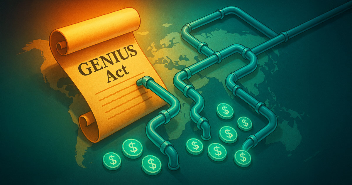 The GENIUS Act is illustrated as parchment transforming into pipes funneling digital dollars across global borders - Cover art/illustration via CryptoSlate.