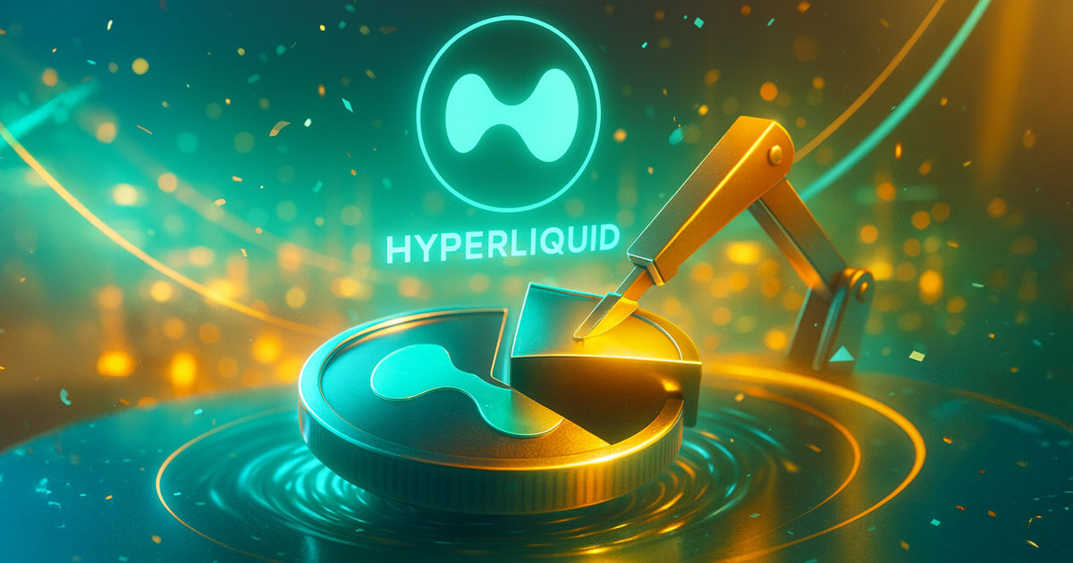 Hyperliquid logo hovering above a coin as a mechanical blade removes a large wedge, symbolizing a proposed 45% token supply cut.