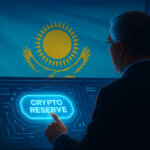 Kazakhstan’s President is depicted pressing a glowing “Crypto Reserve” button on a futuristic digital dashboard - Cover art/illustration via CryptoSlate.