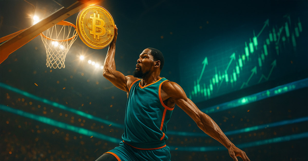 Kevin Durant soars for a powerful slam dunk while gripping a gleaming Bitcoin coin in a brightly lit arena, with vibrant teal, gold, and deep blue tones and a jumbotron glowing with rising green candlesticks.