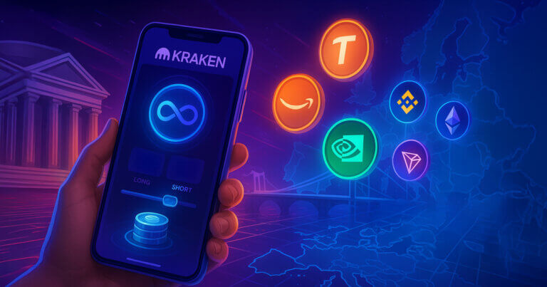 A hand holds a Kraken-branded phone with a perpetual contracts interface as holographic stock and crypto logos bridge a classical finance building to a blockchain grid