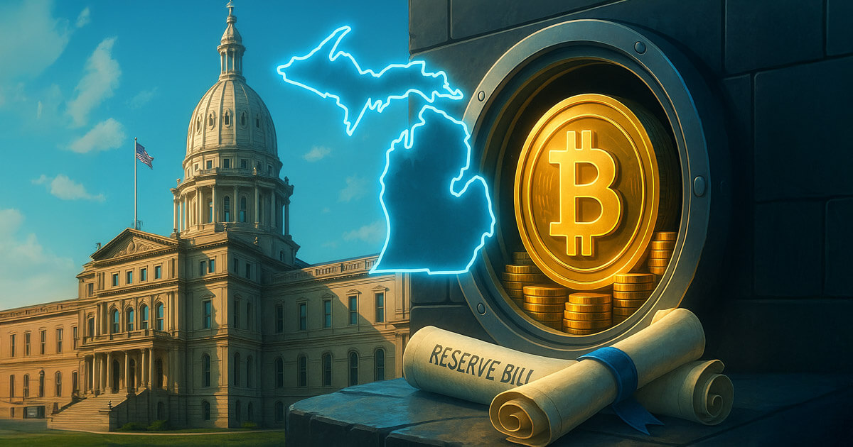A sunlit Michigan State Capitol stands beside a glowing state outline and an open vault stuffed with Bitcoins, with rolled legislative scrolls in the foreground to suggest a progressing reserve bill