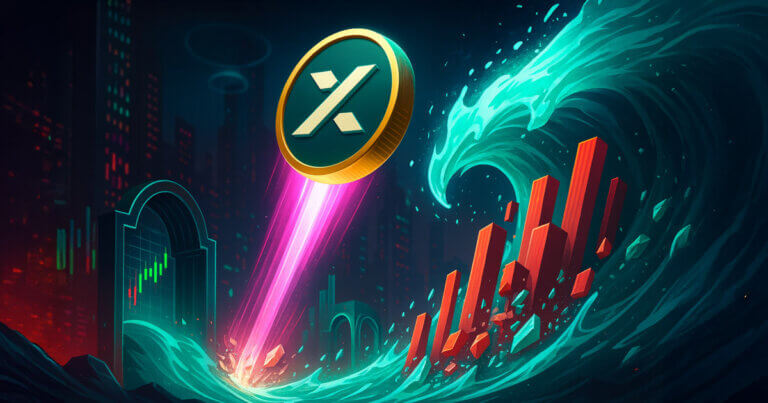 A glowing MYX coin rockets upward as a turquoise liquidation wave shatters red short-position towers across a futuristic DEX cityscape.