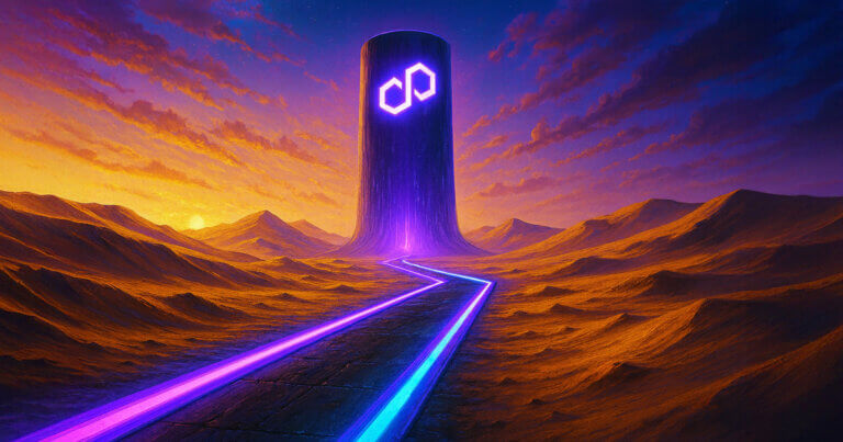 A glowing neon pathway leads across golden desert dunes toward a futuristic tower bearing the Polygon logo - Cover art/illustration via CryptoSlate.