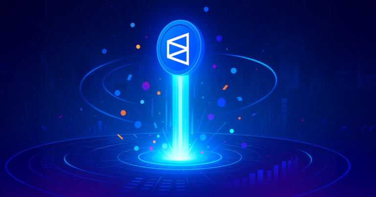 A luminous Polymarket coin bearing the white triangular emblem blasts upward from a neon prediction ring as colorful market orbs spiral in anticipation of a token launch