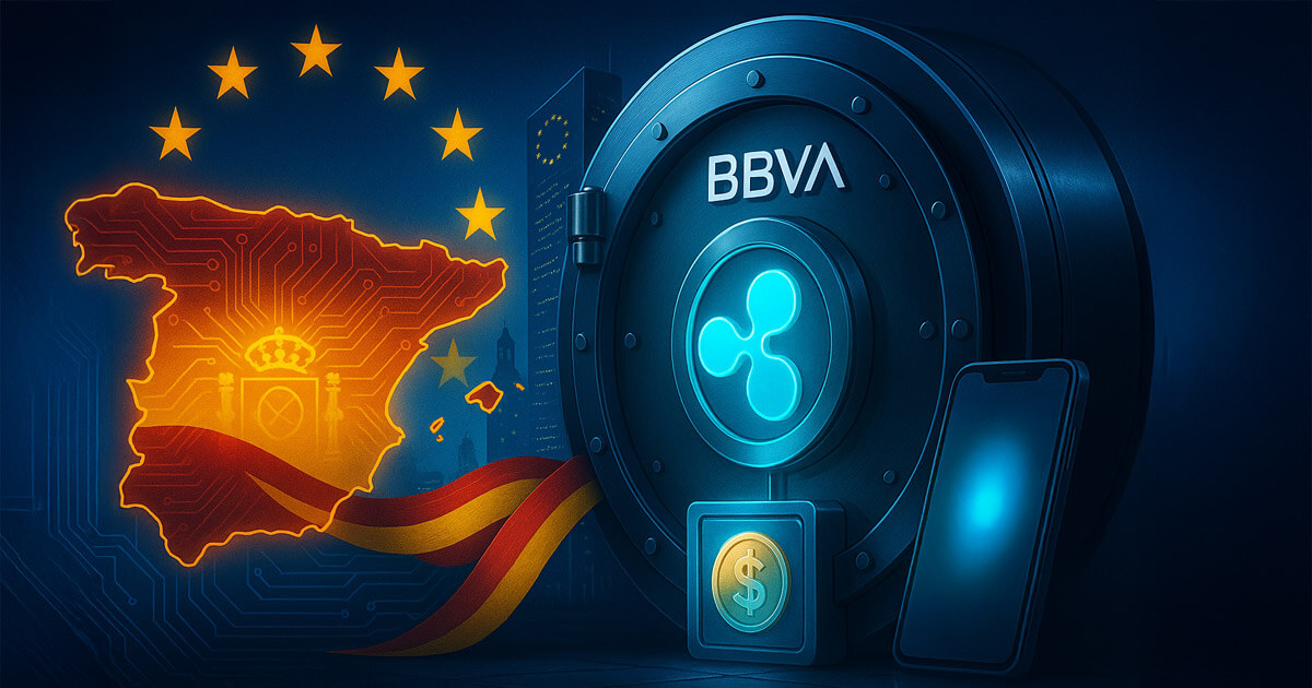 A glowing Ripple emblem locks into a BBVA-branded vault over a circuit-lit map of Spain and EU stars, symbolizing MiCA-aligned digital-asset custody and retail access.