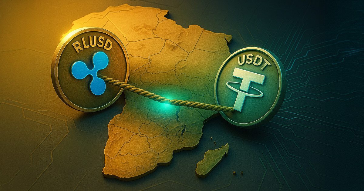 RLUSD and USDT coins are depicted in a tug-of-war across the African continent, symbolizing competing stablecoin dominance - Cover art/illustration via CryptoSlate.