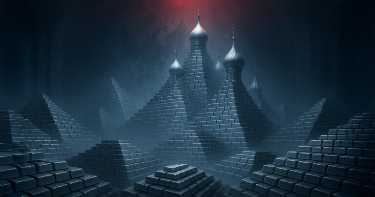 A cavernous vault filled with pyramid stacks of silver bars morphs into Kremlin-like domes under icy blue light and a faint red glow, evoking Russia’s monumental accumulation of silver reserves.