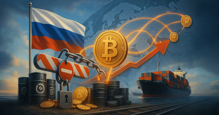 A bright, hyper-realistic scene shows a Russian flag beside blocked barrels and a chained barrier as glowing crypto routes arc over a world map toward cargo ships.