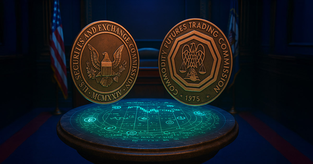 SEC and CFTC seals depicted together over a glowing data table as agencies prepare for a Sept. 29 joint roundtable - Cover art/illustration via CryptoSlate.