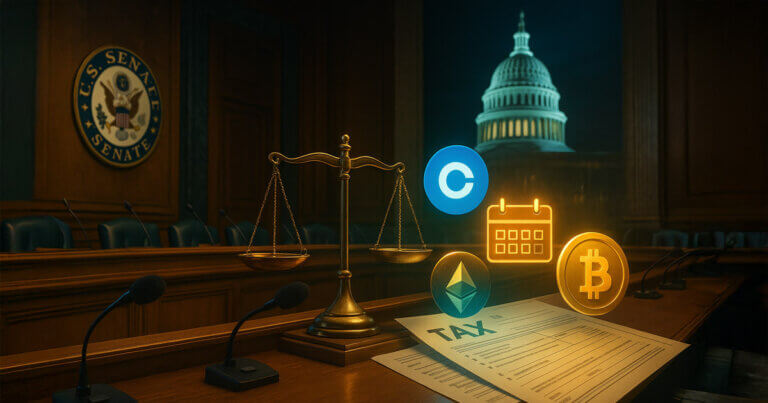 A bright cinematic Senate hearing room shows scales of justice, microphones, and glowing Bitcoin, Ethereum, Coinbase, and Coin Center logos beside a symbolic tax form and calendar icon.