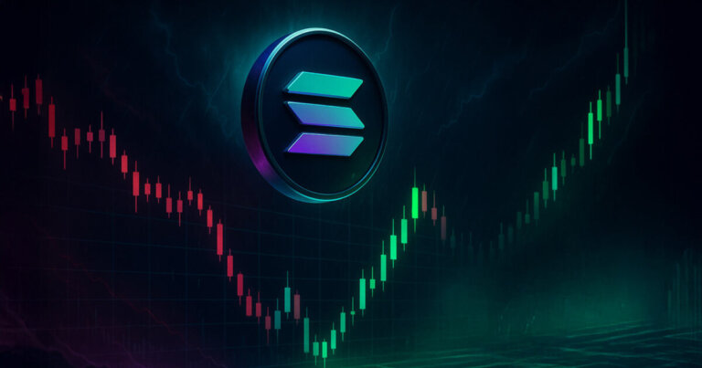 A stormy Solana coin hovers above a chart that dives in red then rebounds in bright green as glowing buy walls and liquidity waves push price upward.