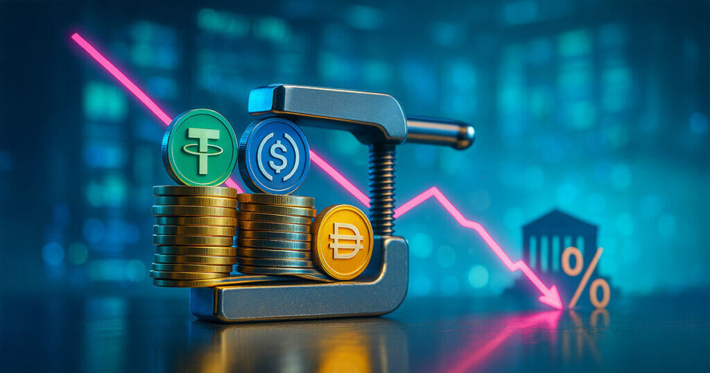 Stacks of USDT, USDC, and DAI coins are squeezed in a gleaming steel vise against a bright trading-floor backdrop with a glowing downward yield line, symbolizing stablecoin yields compressing after a Fed rate cut.