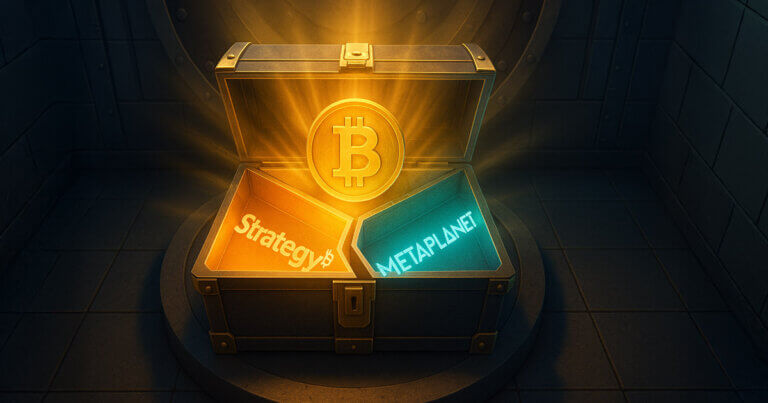 A Bitcoin treasure chest glows as two-thirds are marked by Strategy and Metaplanet logos, symbolizing their control of supply - Cover art/illustration via CryptoSlate.