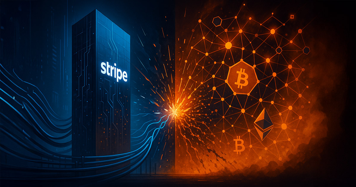 A dramatic scene shows a glowing Stripe monolith and its orderly blue cables colliding with a fiery, sprawling web of crypto nodes bearing BTC and ETH logos, sparks flying to convey the tension between corporate control and decentralization.