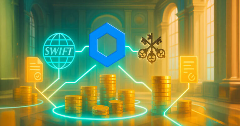 Chainlink hexagon linking by neon rails to the SWIFT globe and UBS keys above gold coin stacks and contract icons, symbolizing tokenized fund workflows.