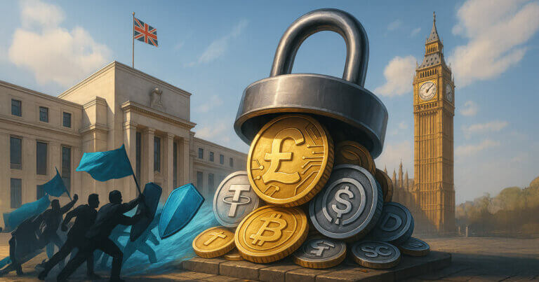 Daylight at Westminster shows a cyan wave of protesters pushing against a steel cap over CBDC and stablecoin tokens before the UK Parliament