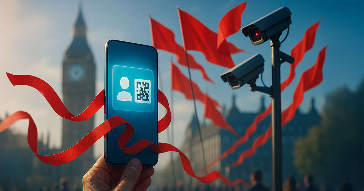 A bright, cinematic London scene shows red tape morphing into fluttering red flags around a glowing smartphone with a QR-like ID icon, under watchful CCTV cameras and the blurred silhouette of Big Ben.