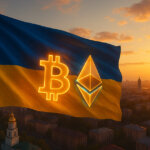 The Ukrainian flag morphs into glowing Bitcoin and Ethereum symbols above Kyiv’s skyline during sunrise - Cover art/illustration via CryptoSlate.