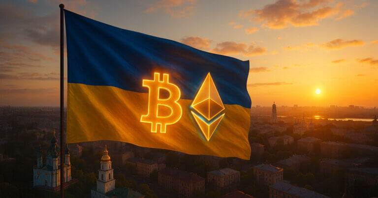 The Ukrainian flag morphs into glowing Bitcoin and Ethereum symbols above Kyiv’s skyline during sunrise - Cover art/illustration via CryptoSlate.