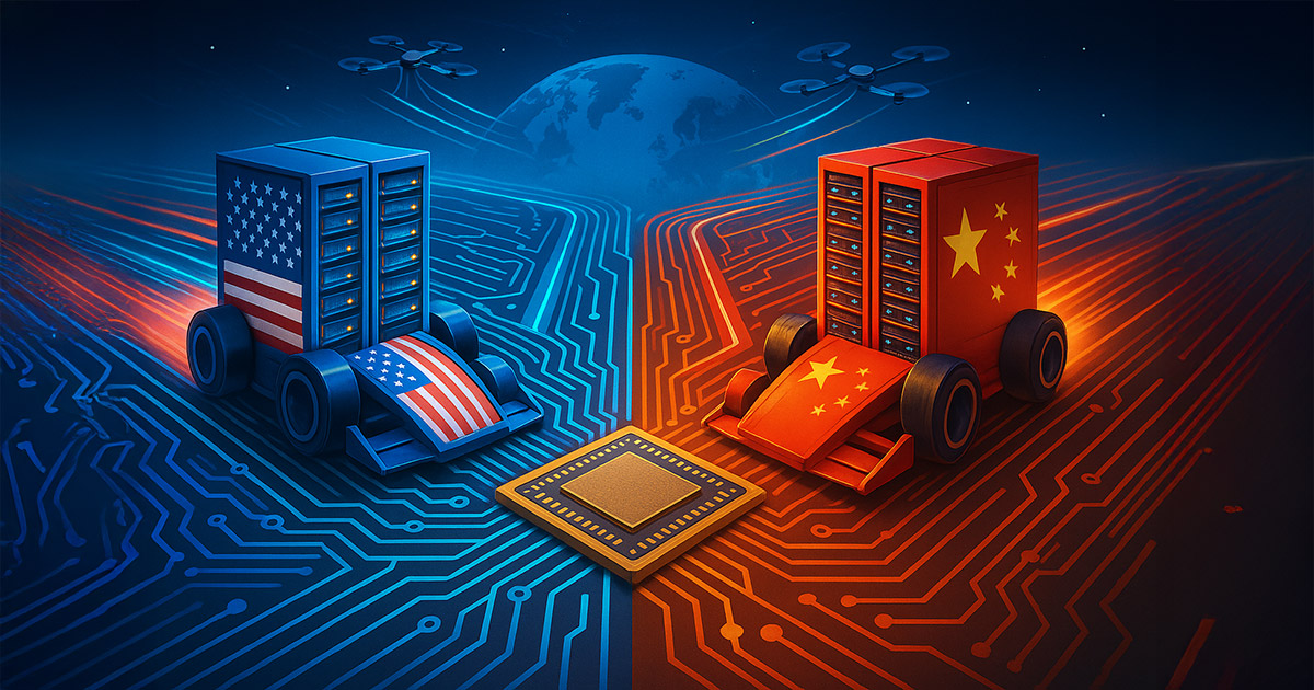 A bright, cinematic 16:9 image of a split circuit-board racetrack under high-key lighting where two AI “race cars” built from server racks—one in vivid cobalt and white with U.S. flag accents, the other in striking red and gold with China’s stars—speed toward a central glowing microchip as neon data streams arc across a blue-and-amber Earth horizon with drones overhead, symbolizing the high-stakes U.S.–China AI competition.