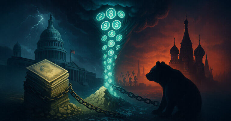 A storm-lit scene shows glowing stablecoins swirling from broken chains at the U.S. Capitol toward a dark red Kremlin skyline, symbolizing geopolitical tension over debt and crypto policy.