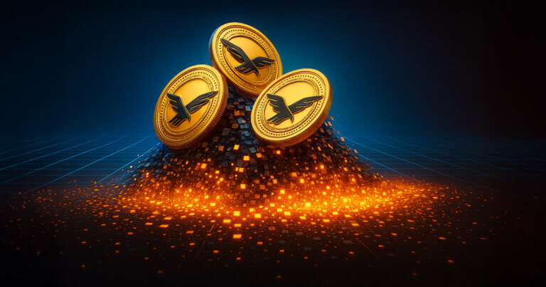 A digital illustration shows WLFI coins dissolving into glowing embers over a blockchain grid horizon - Cover art/illustration via CryptoSlate.