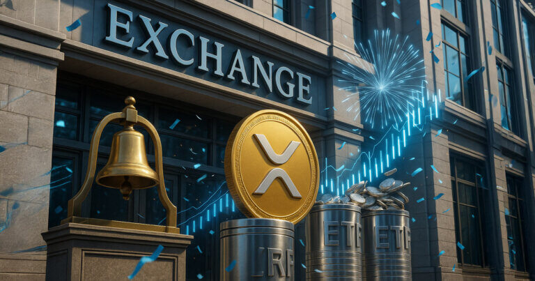 A gleaming XRP coin stands beside an opening bell as ETF cylinders overflow and confetti flies outside a sunlit exchange, celebrating the strongest day-one launch of 2025