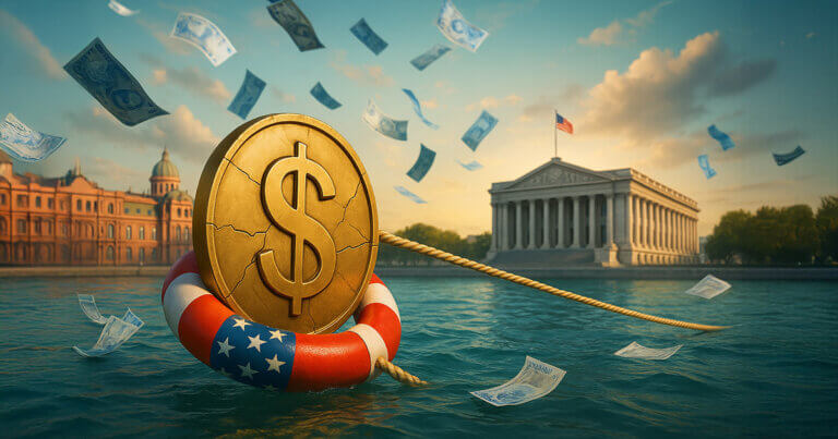 A hyperrealistic 16:9 scene shows a cracked golden peso cinched by a U.S.-flag lifebuoy and tethered across turquoise water toward a neoclassical building with an American flag, while Argentine banknotes swirl above a sunlit Buenos Aires skyline.