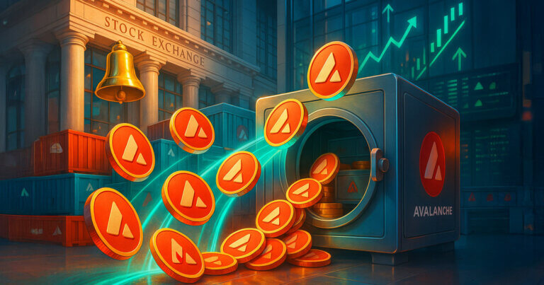 Daylight, cinematic 16:9 scene shows AVAX coins surging along glowing teal arcs into an open vault outside a stock-exchange facade with a ringing bell and rising chart icons, symbolizing a $1B token buy and public listing momentum