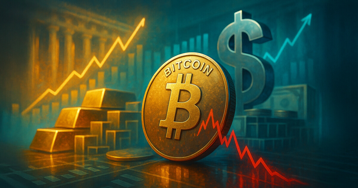 a dipping red Bitcoin chart with rising gold bars and a looming dollar symbol, capturing risk-off pressure amid a still-bullish debasement narrative.