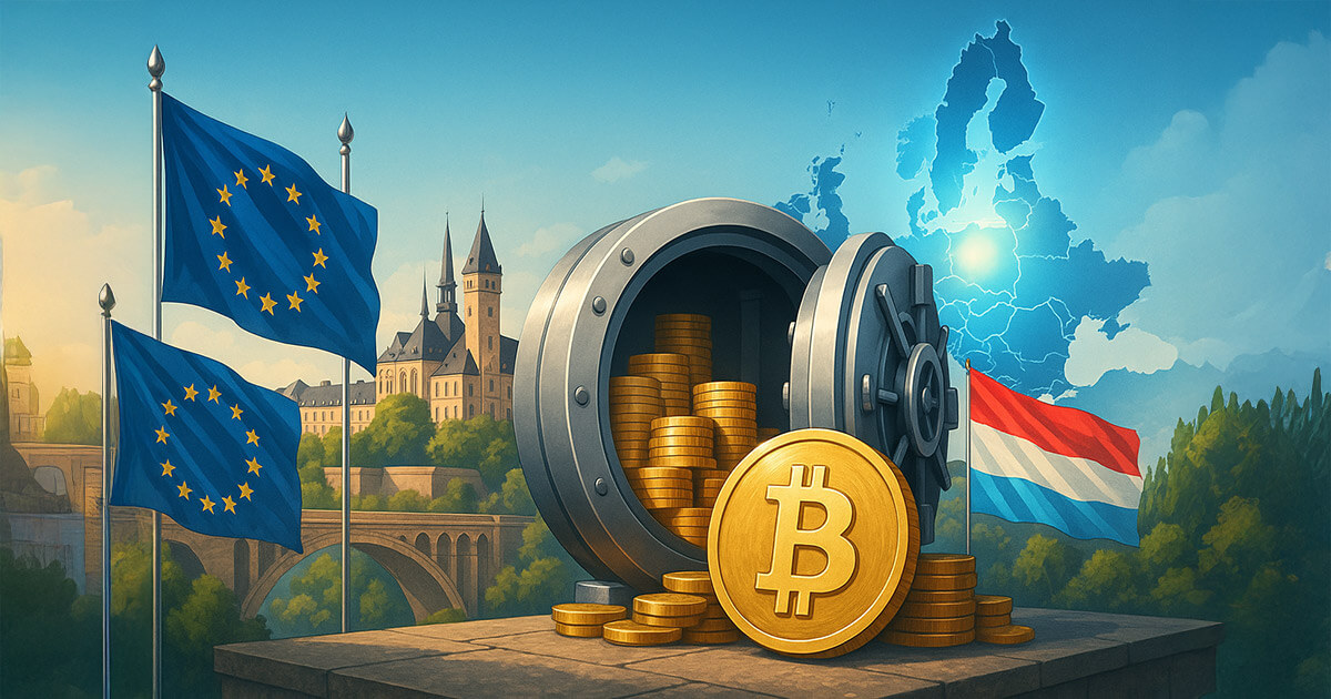 A bright, cinematic 16:9 scene of Luxembourg’s skyline and Adolphe Bridge at sunrise features a polished national vault spilling golden Bitcoin coins emblazoned with the ₿ symbol, flanked by vibrant EU and Luxembourg flags and a glowing eurozone map pinpointing Luxembourg to convey a pioneering, confidence-filled first allocation.