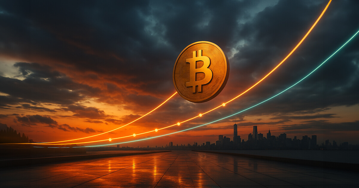 a glowing Bitcoin coin suspended over a reflective city waterfront at dramatic dusk, with sweeping orange and teal power-law rails arcing through the sky and mirroring on wet stone to evoke model tension and volatility.